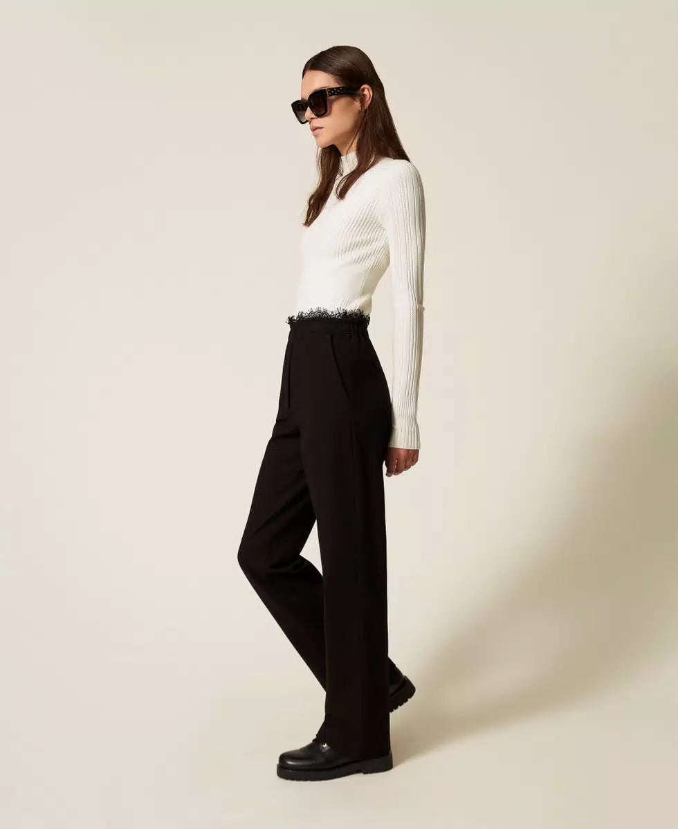 Pantaloni dritti in felpa con pizzo Twinset