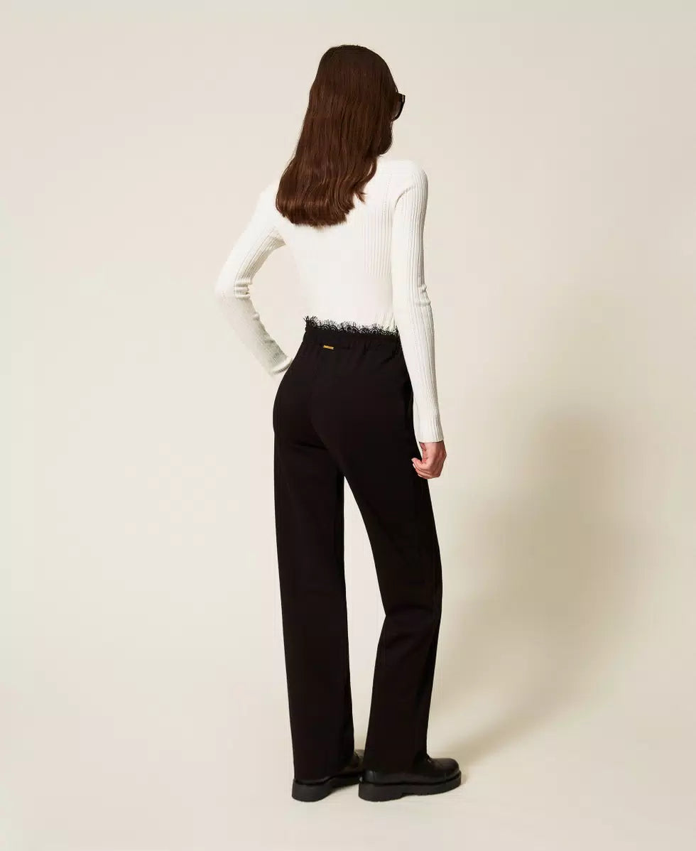 Pantaloni dritti in felpa con pizzo Twinset