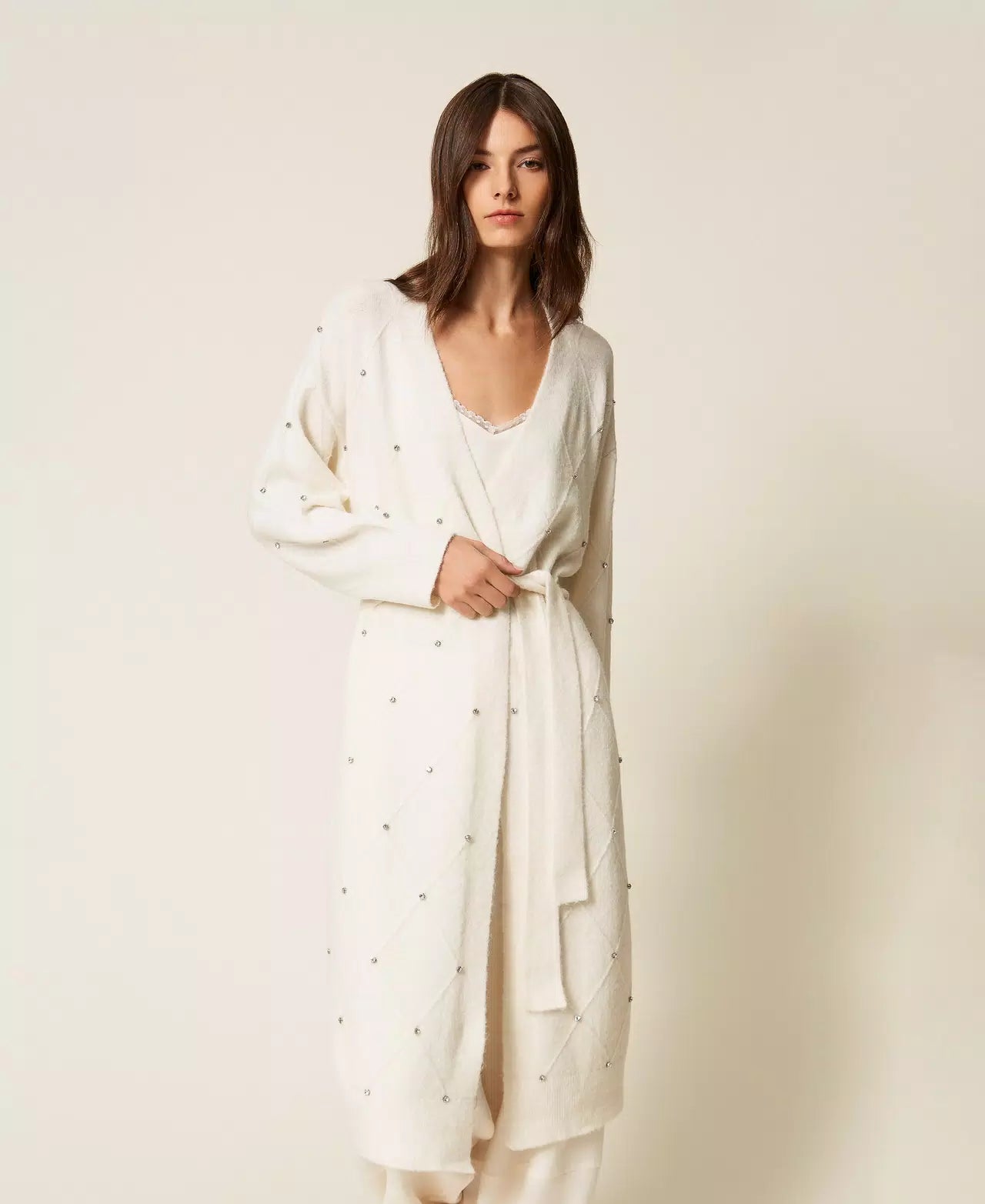 Cardigan lungo a rombi con ricamo Twinset