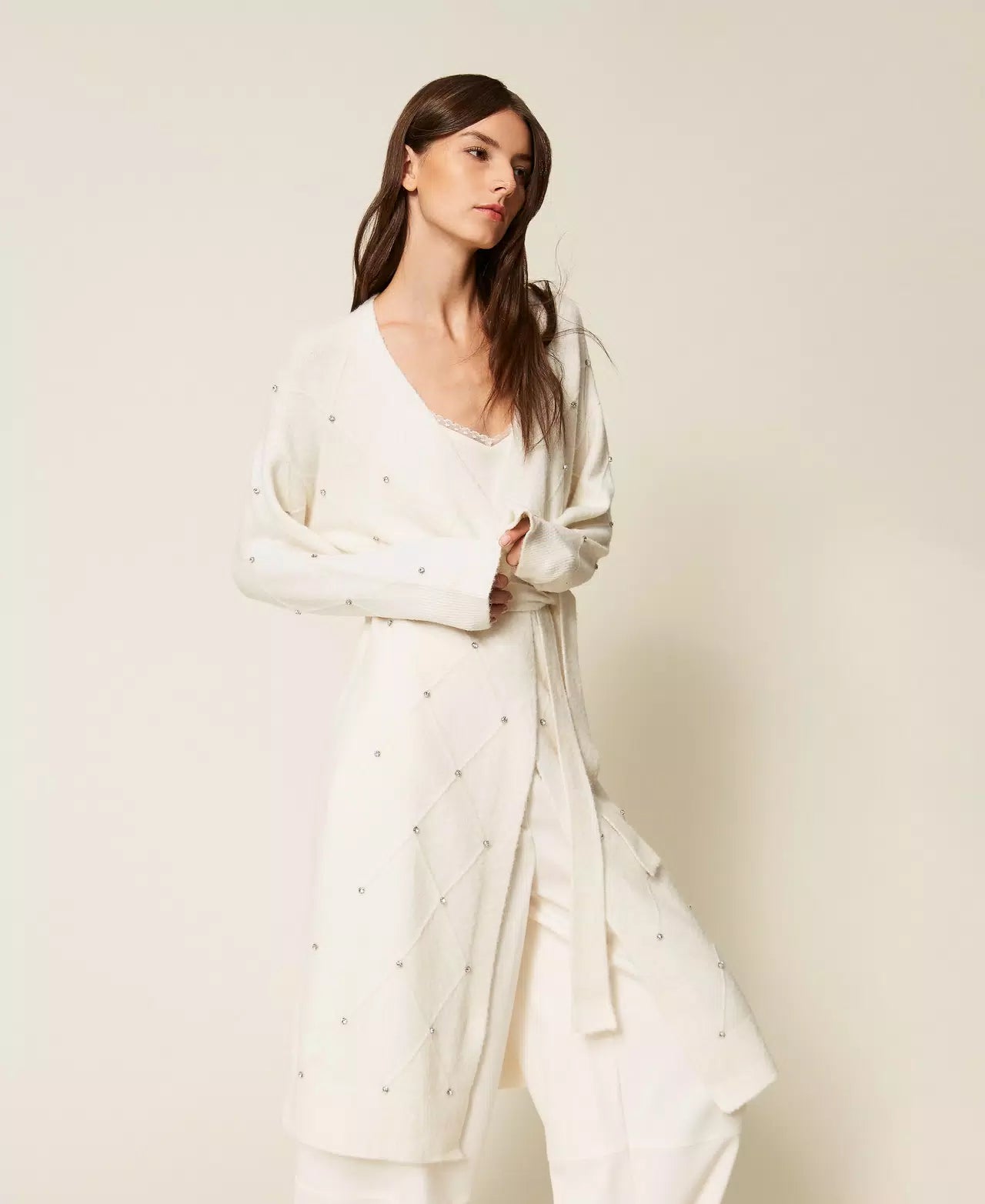 Cardigan lungo a rombi con ricamo Twinset
