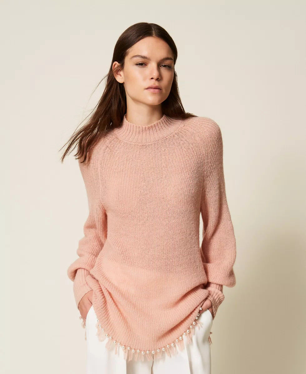 Maglia a lupetto con frange e perle Twinset