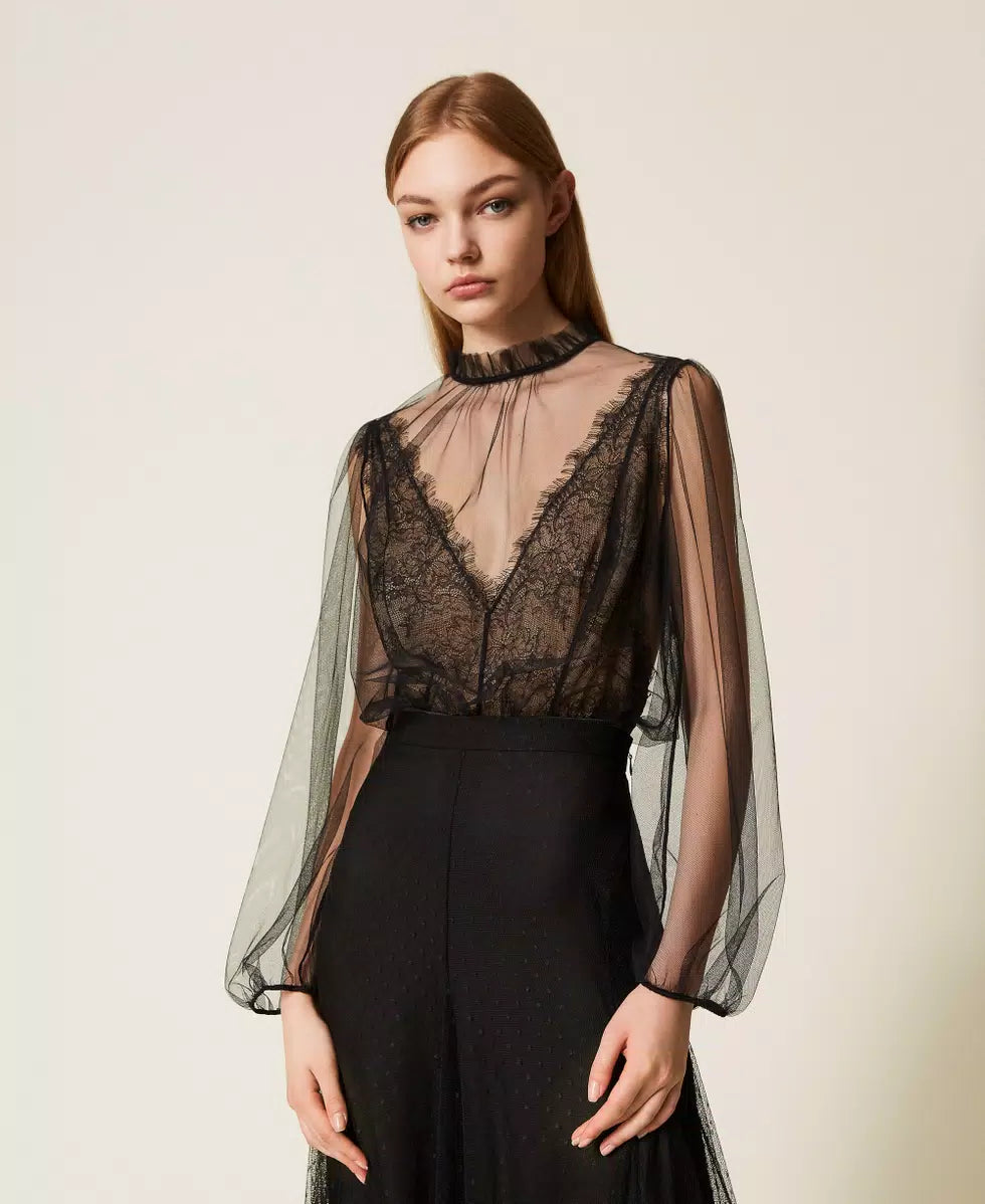 Body in raso e tulle con strass Twinset
