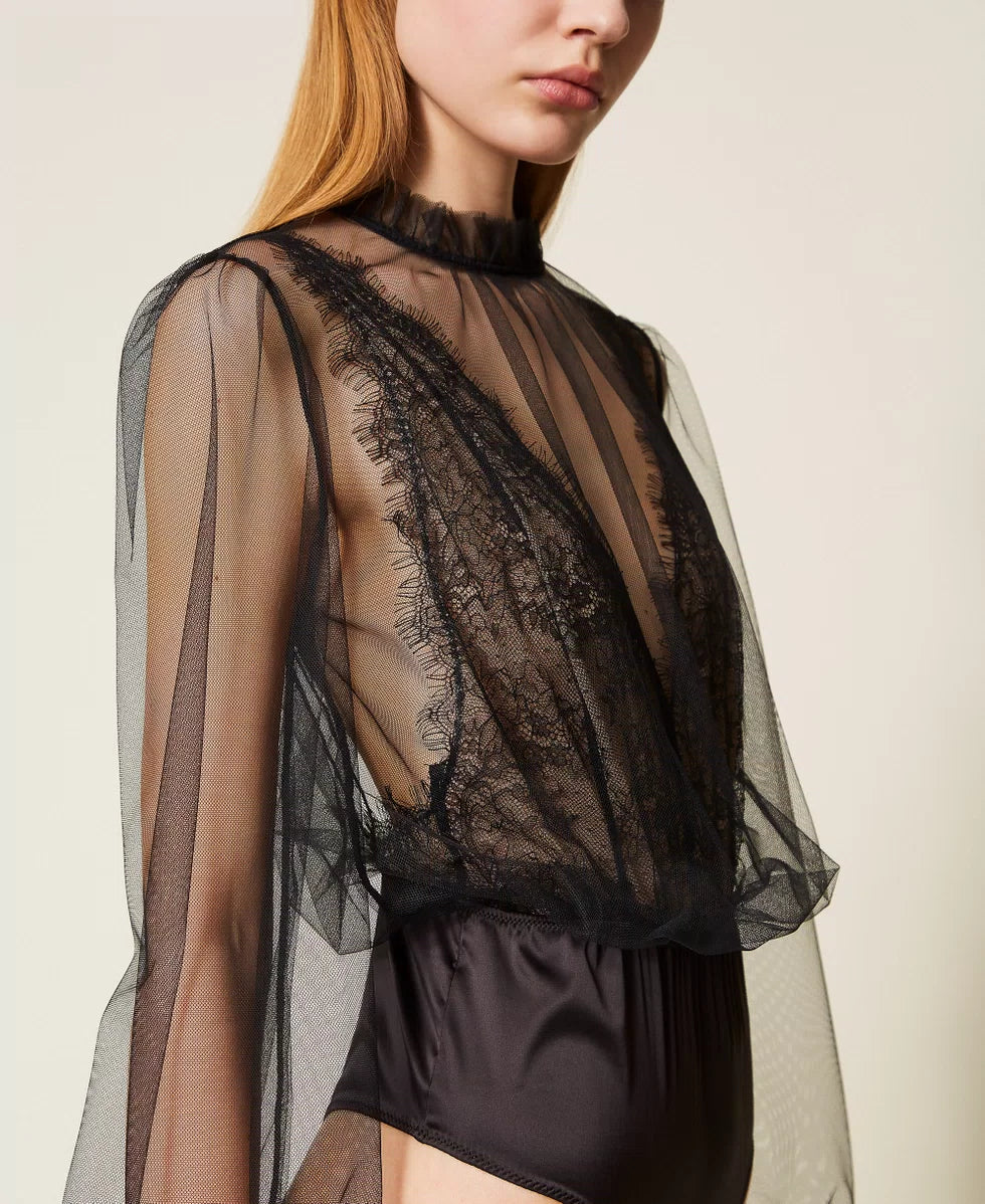 Body in raso e tulle con strass Twinset