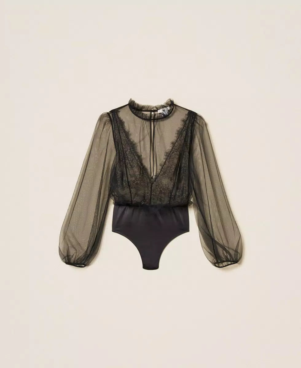 Body in raso e tulle con strass Twinset