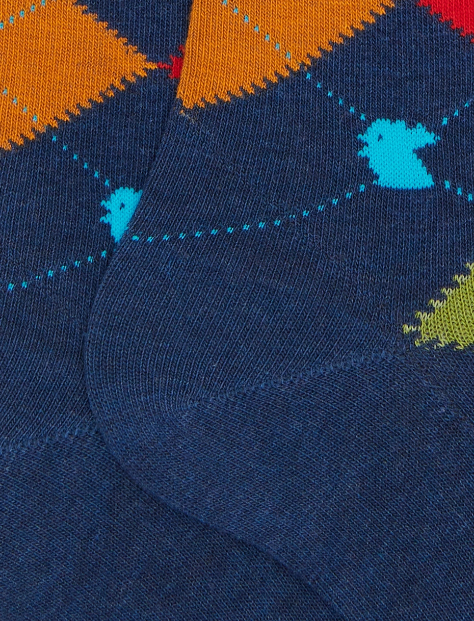 Calze lunghe uomo cotone blu fantasia intarsio Gallo