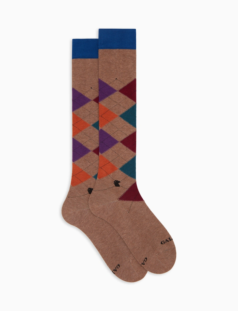 Calze lunghe uomo cotone beige fantasia intarsio Gallo