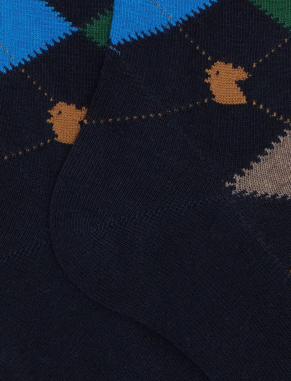 Calze lunghe uomo cotone blu fantasia intarsio Gallo