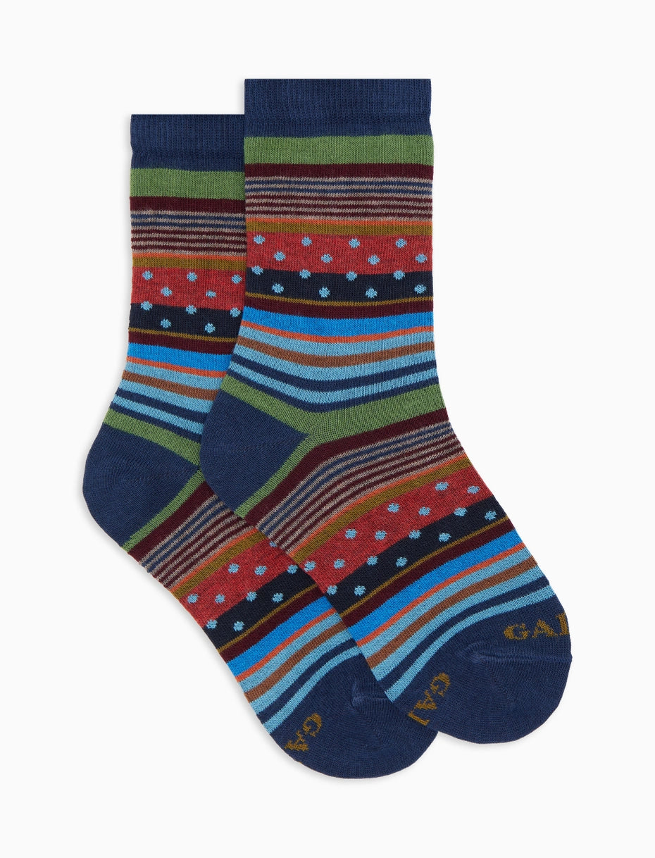 Calze corte bambino cotone blu fantasia mix righe e pois Gallo