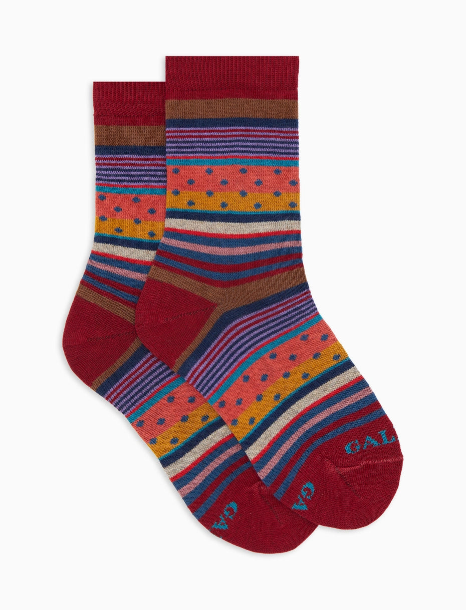 Calze corte bambino cotone bordò fantasia mix righe e pois Gallo