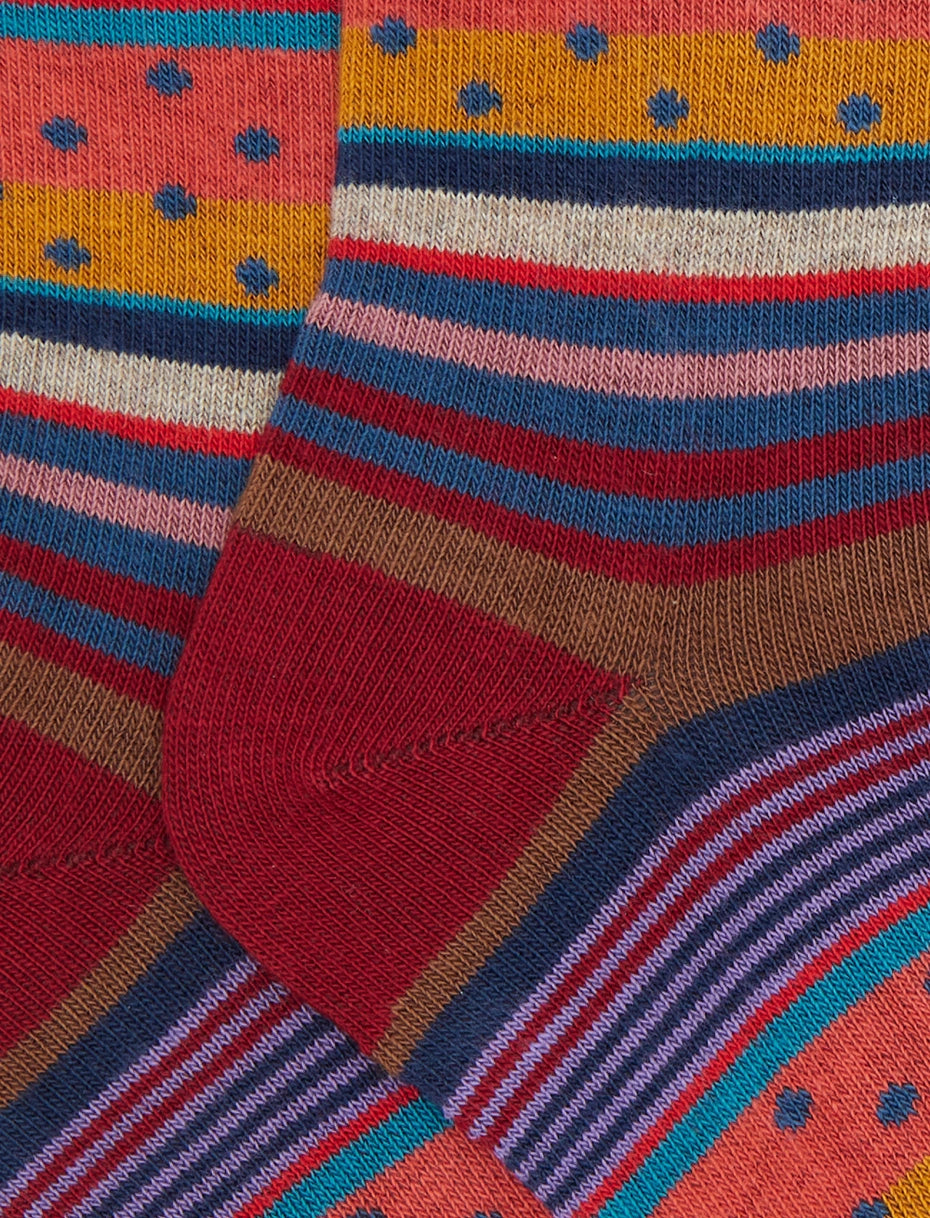 Calze corte bambino cotone bordò fantasia mix righe e pois Gallo