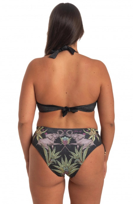 Bikini Balconcino Ferretto E Slip fianco alto REVERSIBILE STAMPA Safari E TINTA UNITA NERO Curvy Pin-Up Stars