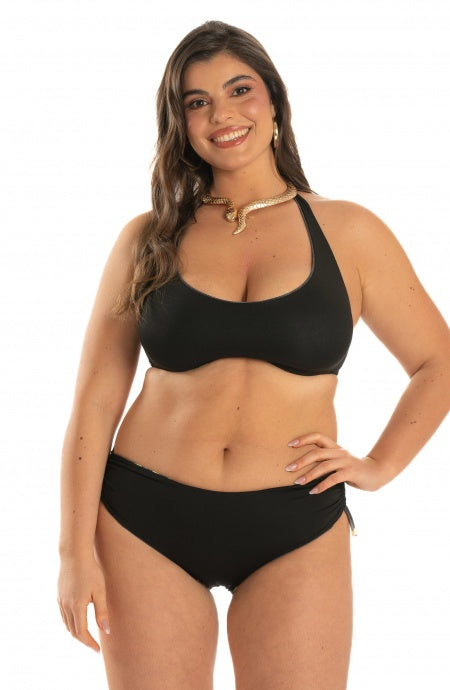 Bikini Balconcino Ferretto E Slip fianco alto REVERSIBILE STAMPA Safari E TINTA UNITA NERO Curvy Pin-Up Stars